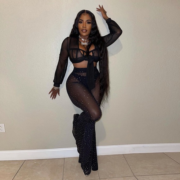 Two piece crop top with flared pants. Sheer (see-through) material. - Picture 3 of 3